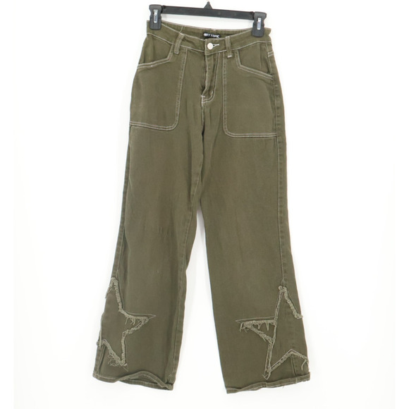 Hot Topic Olive Green‎ Utility Jeans Flare Star Grunge Skater Alt Indie Size 3 - Picture 1 of 12